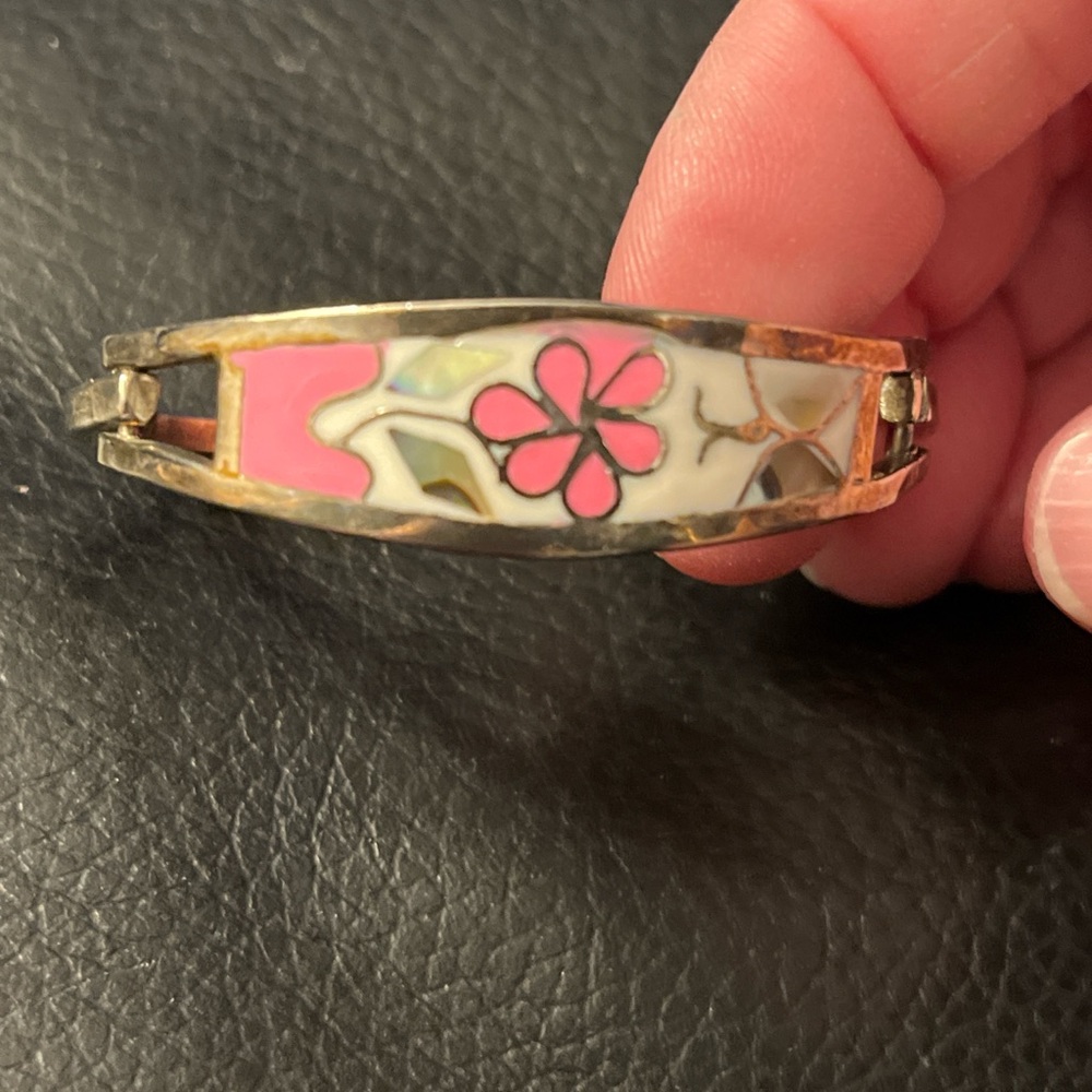 Child’s Alpaca Mexico hinged bracelet. Abolone & mother of pearl shell inlays.